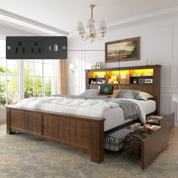 EnHomee Full Size Bed Frame with 4 Storage Drawers Platform Metal Bed Frame with Headboard & LED Lights & Charge Station,Brown