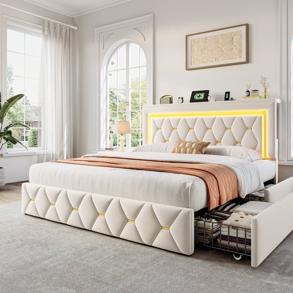 EnHomee Full Size Bed Frame with 4 Storage Drawers Upholstered Bed with LED & Charge Station,Beige