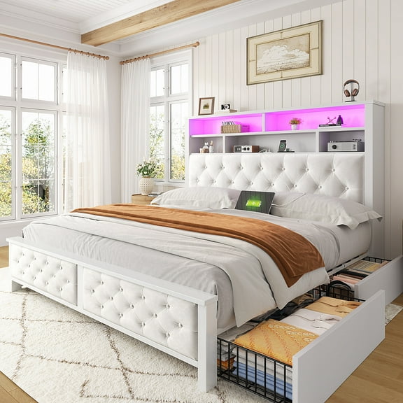EnHomee Full Size Bed Frame with 4 Storage Drawers Upholstered Platform Bed Frame with Headboard & LED Lights & Charge Station