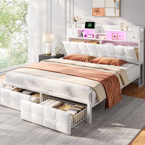 Romorgniz Full Size Bed Frame with Headboard Bed Frame with Hidden Storage Compartment Upholstered Bed Frame with 2 Drawers & Outlets,White