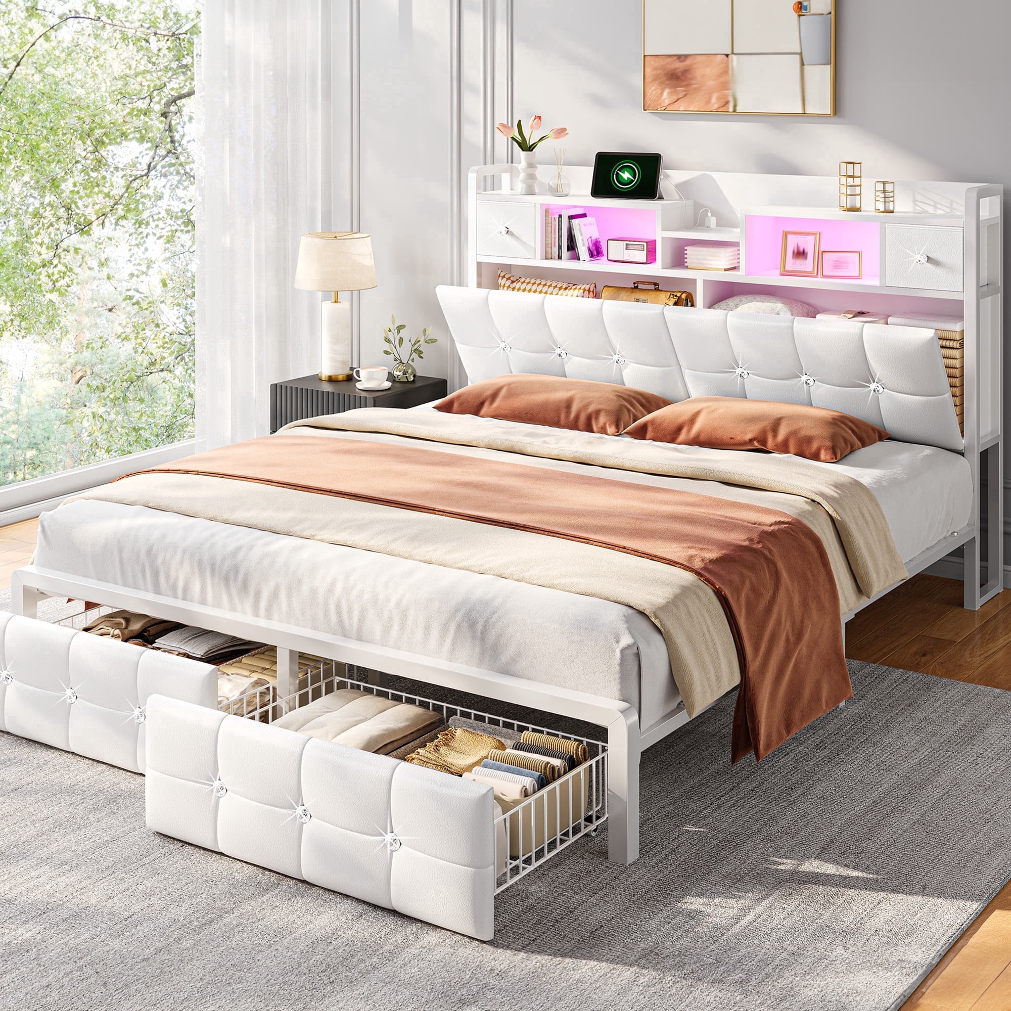 EnHomee Full Size Bed Frame with Headboard Bed Frame with Hidden Storage Compartment Upholstered Bed Frame with 2 Drawers & Outlets,White