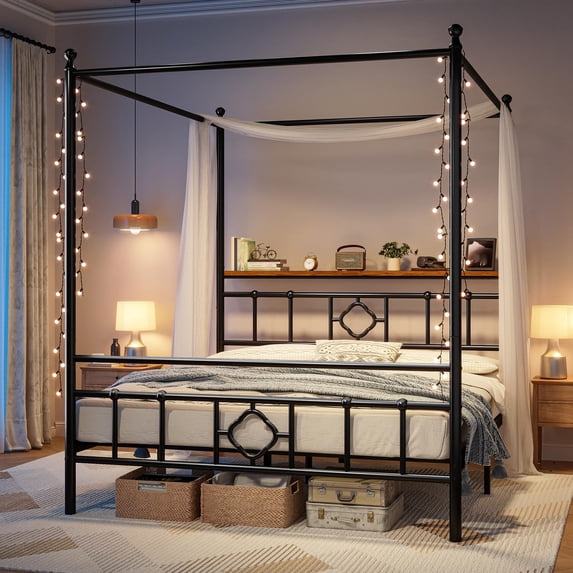 EnHomee Full Size Canopy Bed Frame with Headboard Canopy Metal Bed Frame with 4 Removable Posts Platform Metal Canopy Bed, Curtain Not Included, Black