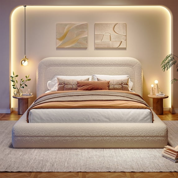 EnHomee Full Size Cloud Bed Frame with Headboard Boucle Bed Frame with Rounded Corner, White