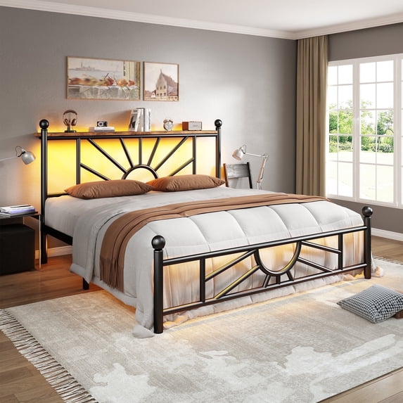EnHomee Full Size Metal Bed Frame with Vintage Headboard & Footboard Metal Platform Bed Frame Full with LED Lights & Storage, Noise Free, Black