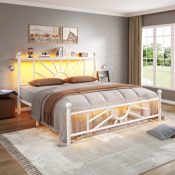 EnHomee Full Size Metal Bed Frame with Vintage Headboard & Footboard Metal Platform Bed Frame Full with LED Lights & Storage, Noise Free, White