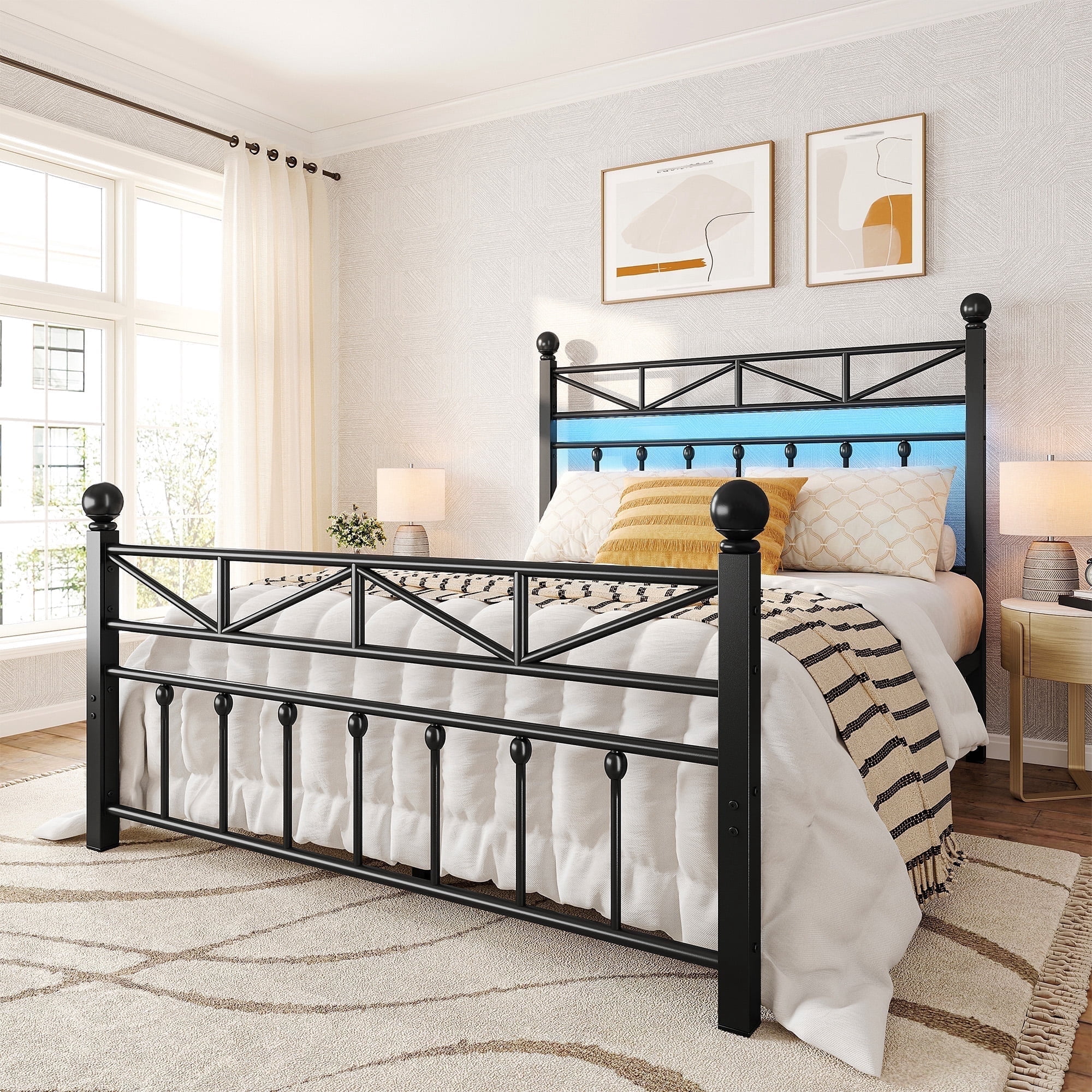 EnHomee Full Size Metal Platform Bed Frame Metal Bed Frame Full with Headboard & Footboard Bed Frame with LED Lights & Storage, Noise Free, Black