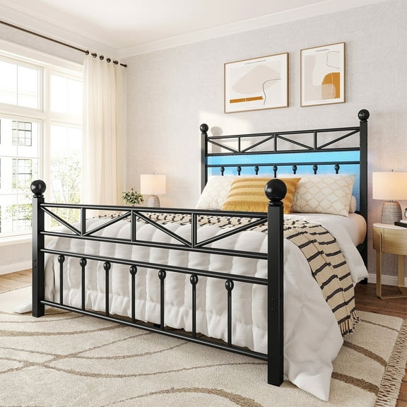 EnHomee Full Size Metal Platform Bed Frame Metal Bed Frame Full with Headboard & Footboard Bed Frame with LED Lights & Storage, Noise Free, Black