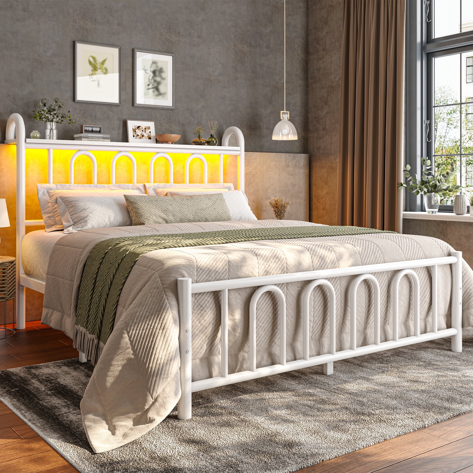 EnHomee Full Size Metal Platform Bed Frame with Headboard Metal Bed Frame with LED Lights Full Bed Frame with Underbed Storage,White