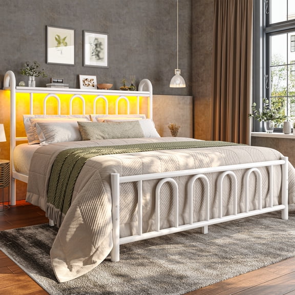 EnHomee Full Size Metal Platform Bed Frame with Headboard Metal Bed Frame with LED Lights Full Bed Frame with Underbed Storage,White