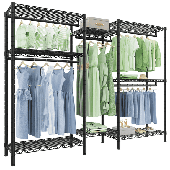 EnHomee Heavy Duty Clothes Rack with 5 Hanging Rods & 8 Shelves,Max Load 905 LBS Adjustable Metal Wardrobe Closet Organizer,Black