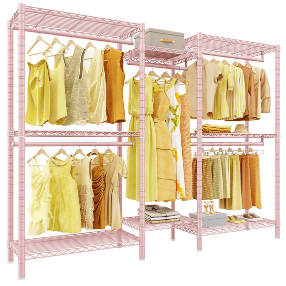 EnHomee Heavy Duty Clothes Rack with 5 Hanging Rods & 8 Shelves,Max Load 905 LBS Adjustable Metal Wardrobe Closet Organizer,Pink