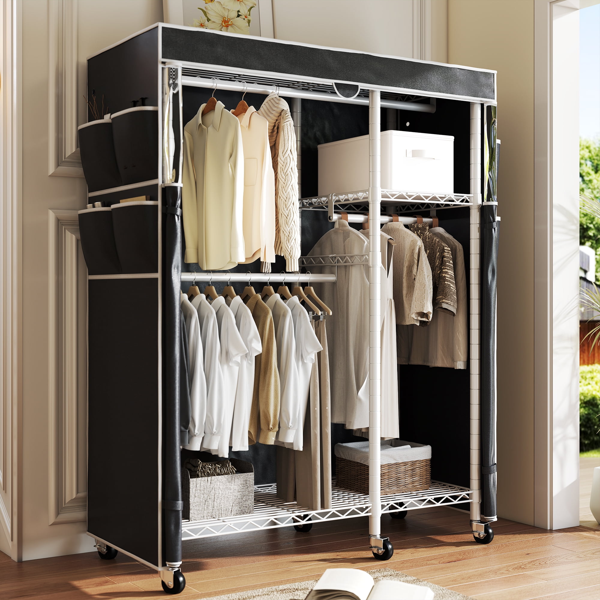 EnHomee Heavy Duty Clothes Rack with Cover,Rolling Garment Rack with ...