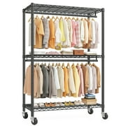 EnHomee Heavy Duty Clothes Rack with Wheels, Portable Closet with 3 Shelves & 2 Hanging Rods, Max Load 500LBS, Black