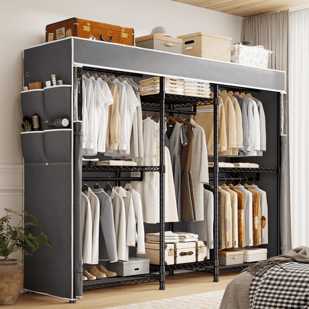 EnHomee Heavy Duty Clothes Rack with Zippered Cover,Extra-Wide Metal Wardrobe Closet Organizer with 5 Rods & 8 Shelves,900 lbs Capacity,Black