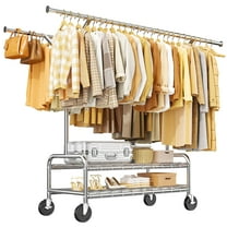 EnHomee Heavy Duty Rolling Clothes Rack,500 lbs Load Adjustable Double Rod Garment Rack with 2 Storage Shelves Clothing Racks for Hanging Clothes,Chrome
