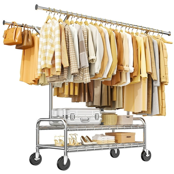 EnHomee Heavy Duty Rolling Clothes Rack,500 lbs Load Adjustable Double Rod Garment Rack with 2 Storage Shelves Clothing Racks for Hanging Clothes,Chrome