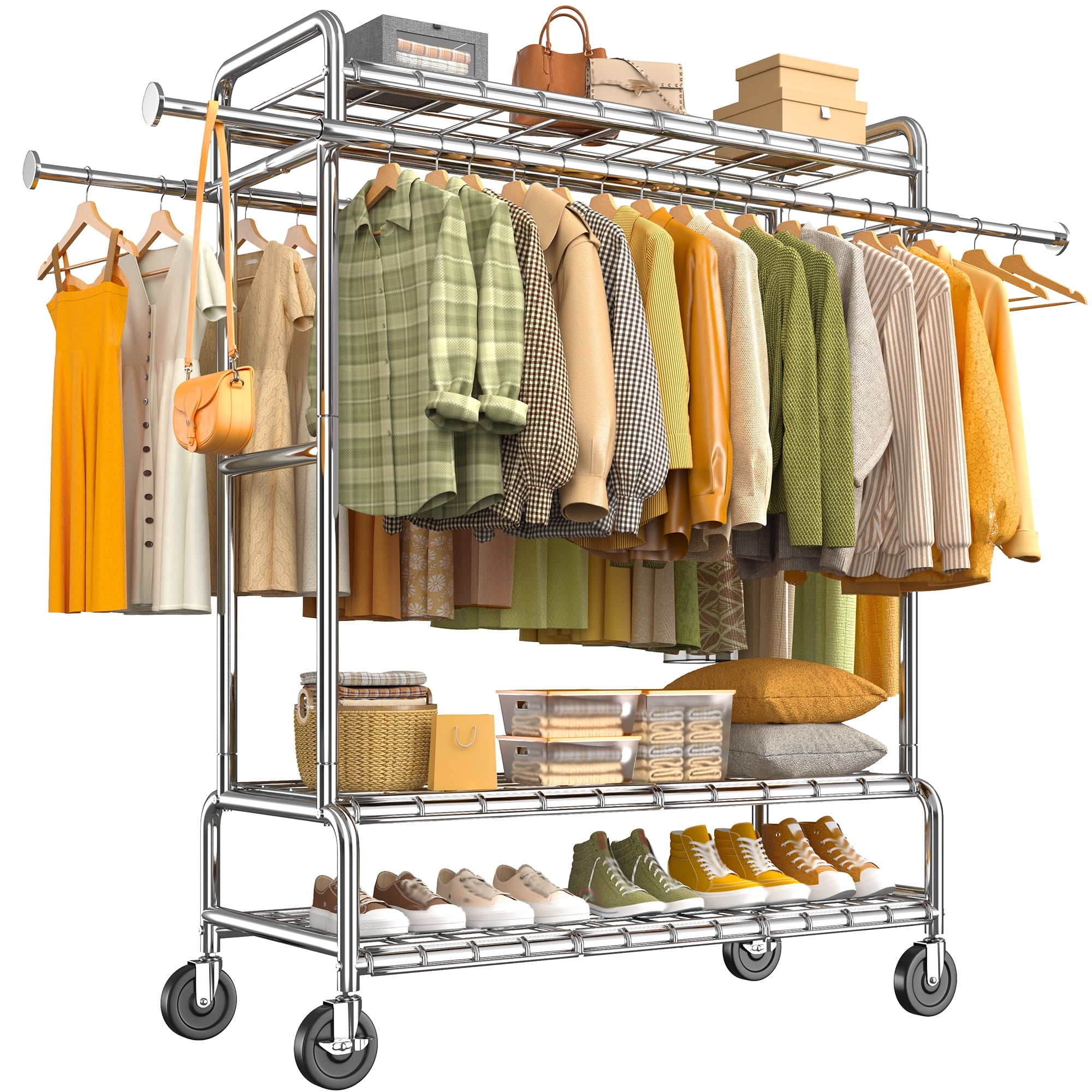EnHomee Heavy Duty Rolling Clothes Rack with Adjustable Double Rods & 3 ...