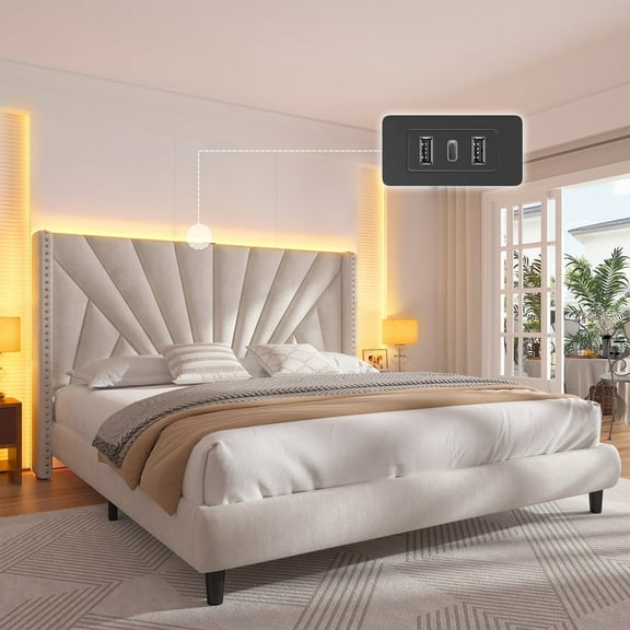 EnHomee King Bed Frame with 51"Tall Headboard Upholstered King Size Platform Bed Frame with LED Lights & Charge Station, Beige, No Box Spring Needed, Noise Free
