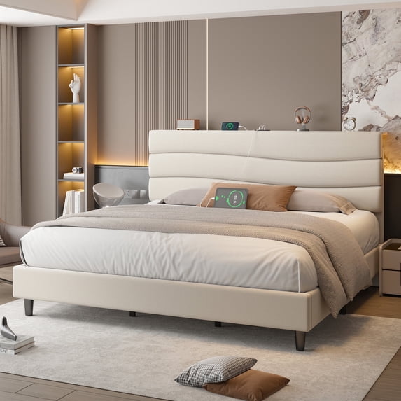 EnHomee King Bed Frame with Adjustable Headboard Upholstered King Size Bed Frame with Charge Station & Storage, Beige, No Box Spring Needed, Noise Free