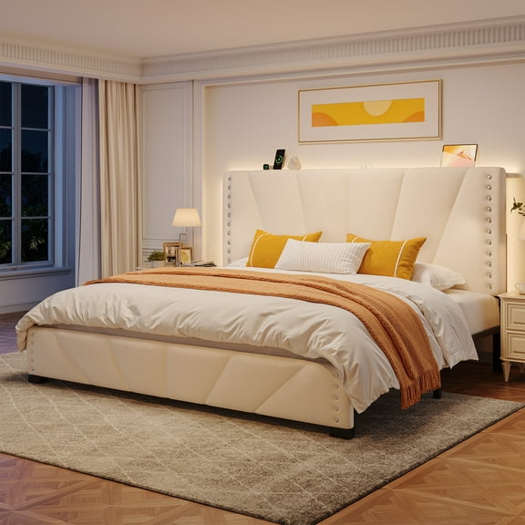 EnHomee King Bed Frame with Adjustable Headboard Platform Bed Frame with LED Lights & Charge Station ,Beige
