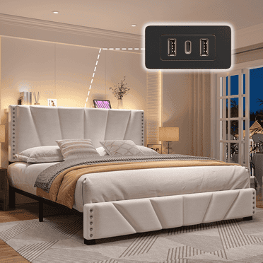 EnHomee King Bed Frame with Adjustable Headboard Upholstered King Size Platform Bed Frame with LED Lights & Charge Station ,Beige, No Box Spring Needed, Noise Free