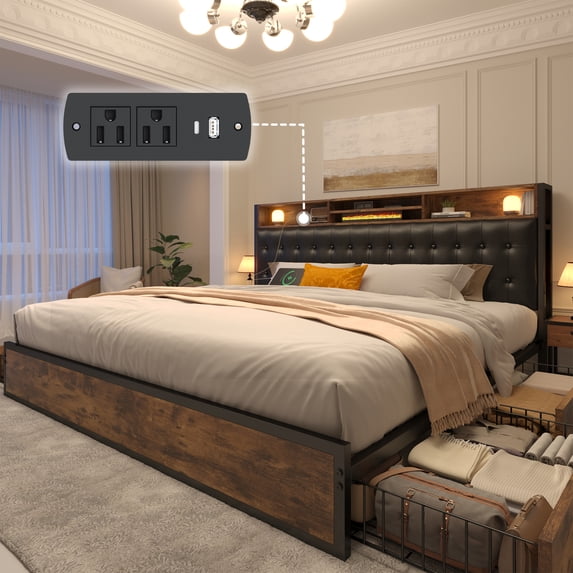 EnHomee King Bed Frame Storage Bed Frame King Size Upholstered Bed with Bookcase&Charging Station Metal Platform Bed Frame with Storage