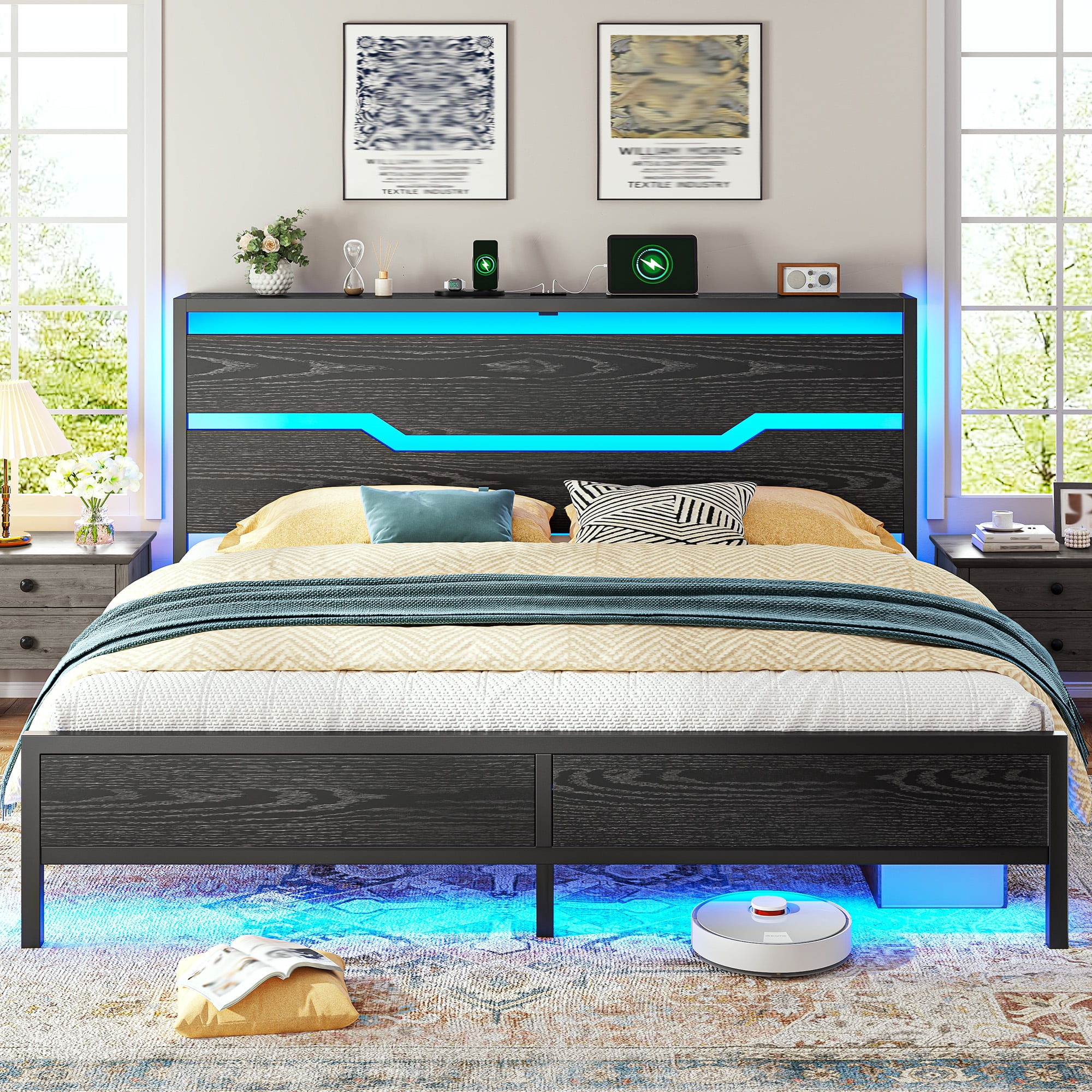EnHomee  Metal Bed Frame with Headboard  King Size Metal Bed Frame with Storage & Charge Station & LED Lights & 13" Under-Bed Storage, Black