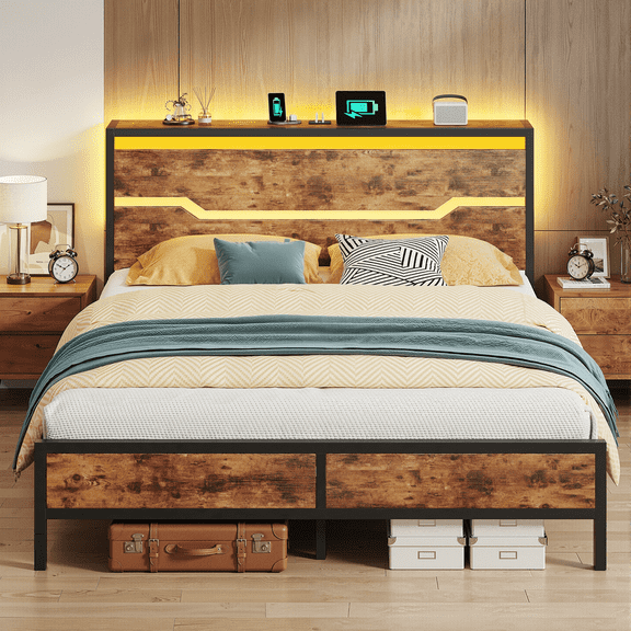 EnHomee King Bed Frame with Wooden Headboard Metal Platform Bed Frame with Storage Platform Metal Bed with Charge Station & LED Lights & 13" Under-Bed Storage, Rustic Brown
