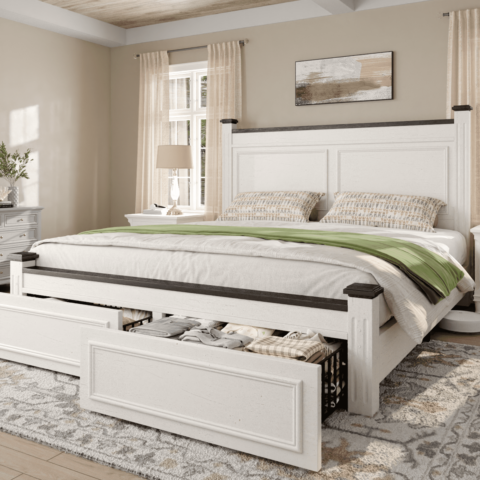 EnHomee King Bed Frame with 2 Storage Drawers King Size Bed Frame with 51.25" H Headboard Farmhouse Bed Frame NO Noise, No Box Spring Needed, White