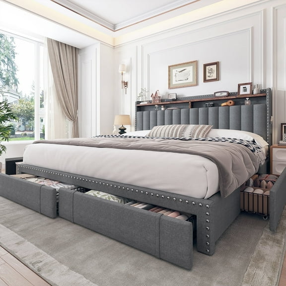 EnHomee King Bed Frame with 4 Drawers & 2-Tier Storage Shelf Upholstered Bed Frame with Headboard Bed Frame with Storage, Gray