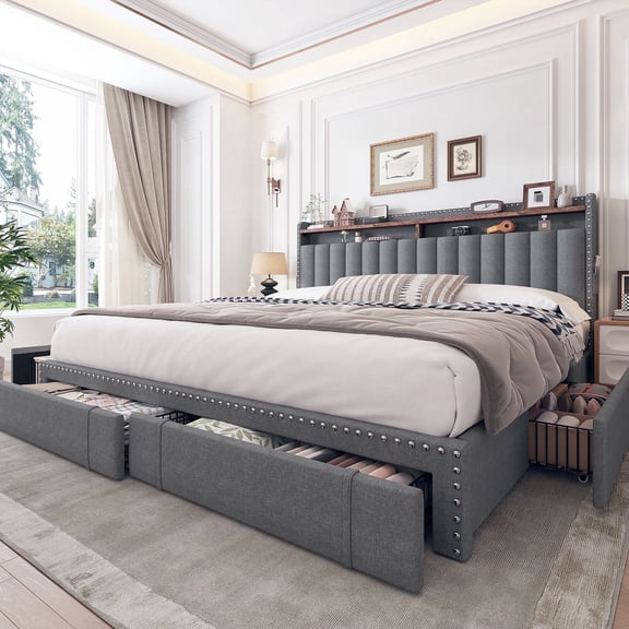 EnHomee King Bed Frame with 4 Drawers & 2-Tier Storage Shelf Upholstered Bed Frame with Headboard Bed Frame with Storage, Gray