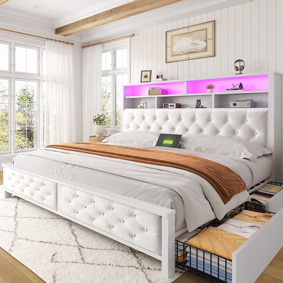 EnHomee King Bed Frame with 4 Storage Drawers Upholstered Platform Bed Frame with Headboard and Storage & Charge Station & LED Lights