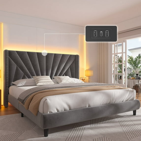 EnHomee King Bed Frame with Headboard Upholstered King Size Bed Frame with LED Lights & Charge Station, Gray, No Box Spring Needed, Noise Free