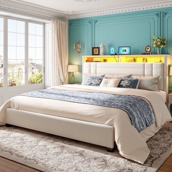 EnHomee King Bed Frame with Storage Shelf Upholstered Platform Bed Frame with LED Lights & Charge Station, Beige