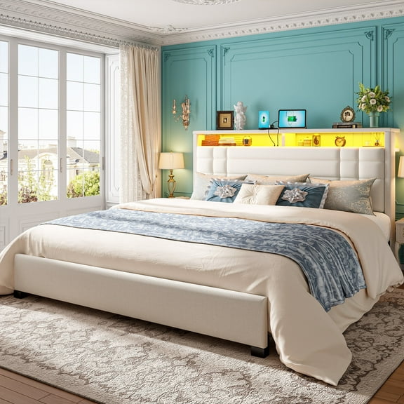 EnHomee King Bed Frame with Storage Shelf Upholstered Platform Bed Frame with LED Lights & Charge Station, Beige