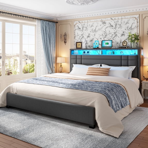 EnHomee King Bed Frame with Storage Shelf Upholstered Platform Bed Frame with LED Lights Metal Bed Frame with Charge Station, Gray