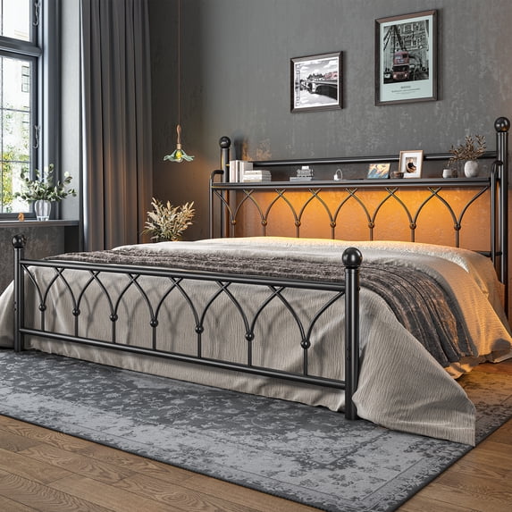 EnHomee King Metal Bed Frame with Vintage Headboard & Footboard Metal Platform Bed Frame King Heavy Duty Metal Bed Frame with LED Lights & Charge Station &Storage, Noise Free,Black