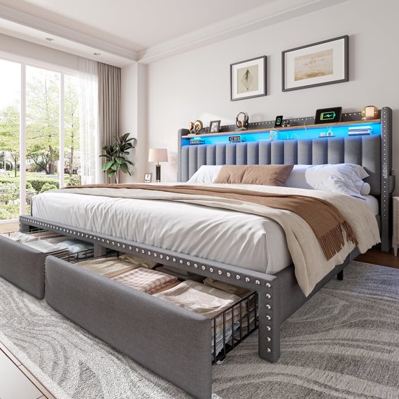 EnHomee King Size Bed Frame with 2 Drawers & 2-Tier Storage Shelf Upholstered Bed Frame King with Headboard King Bed Frame with Storage & LED Lights & Charge Station, No Box Spring Needed, Gray