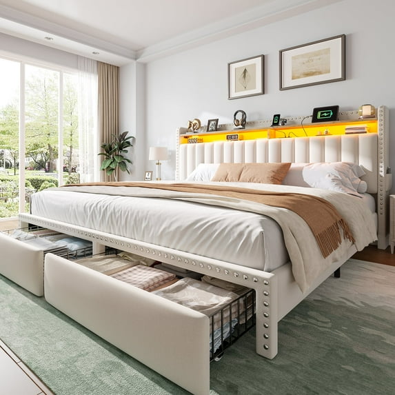 EnHomee King Size Bed Frame with 2 Drawers & 2-Tier Storage Shelf Upholstered Bed Frame with Headboard & Storage & LED Lights & Charge Station, Beige