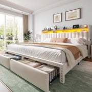 EnHomee King Size Bed Frame with 2 Drawers & 2-Tier Storage Shelf Upholstered Bed Frame with Headboard & Storage & LED Lights & Charge Station, Beige