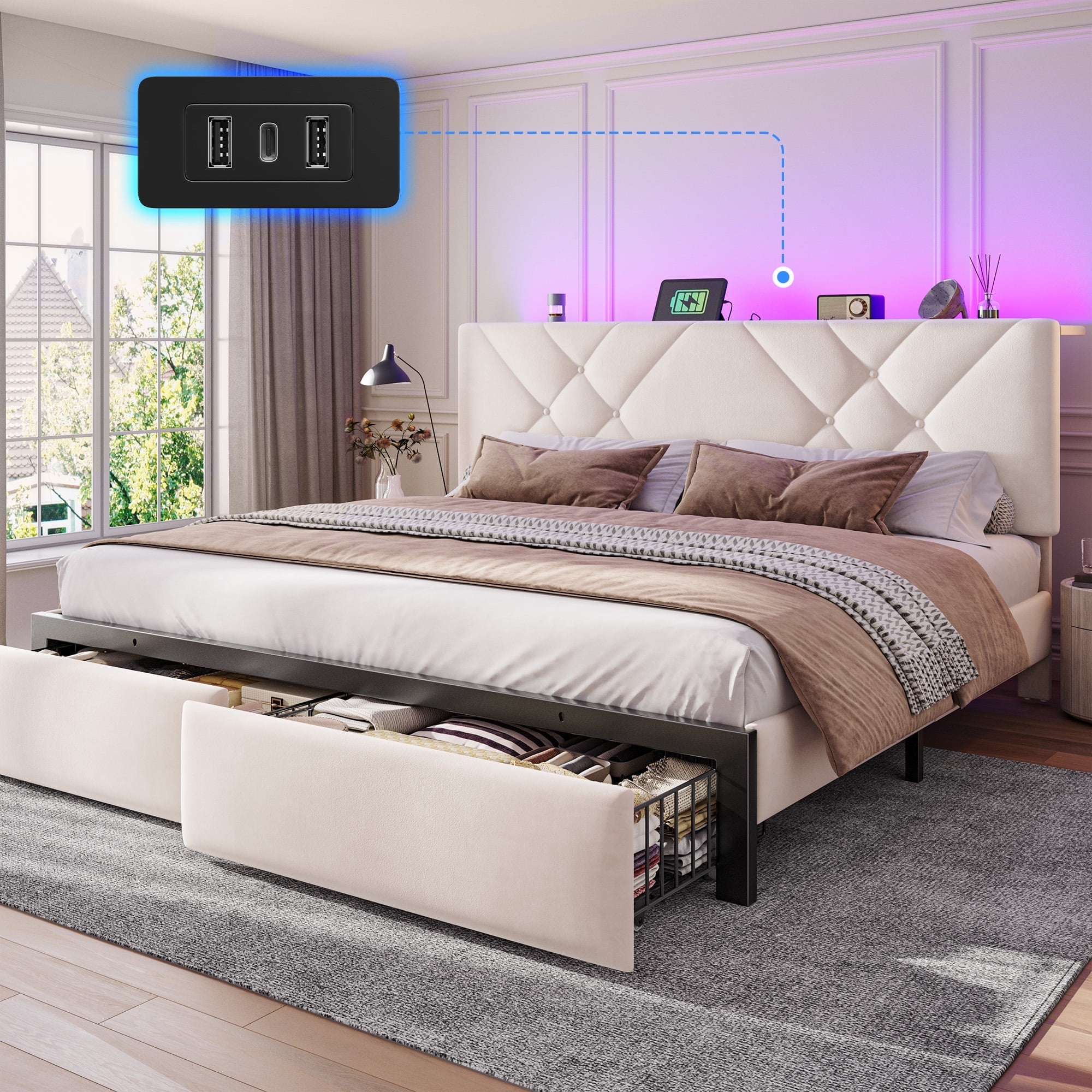 EnHomee King Size Bed Frame with 2 Drawers &  Storage Platform Upholstered Bed Frame King with Headboard King Bed Frame with LED Lights & Charge Station, No Box Spring Needed, No-Noise, Beige