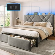 EnHomee King Size Bed Frame with 2 Drawers & Storage Platform Upholstered Bed Frame King with Headboard King Bed Frame with LED Lights & Charge Station, No Box Spring Needed, No-Noise, Gray
