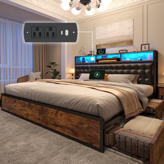 EnHomee King Size Metal Bed Frame with 4 Drawers Meatal Bed Frame with Headboard Upholstered Bed Frame with Storage Bookcase & Charging Station & LED Light