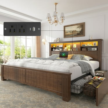 EnHomee King Size Bed Frame with 4 Storage Drawers Platform Bed Frame metal with Headboard and Storage Framhouse Bed Frame with LED Lights & Charge Station, Brown