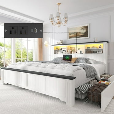 EnHomee King Size Bed Frame with 4 Storage Drawers Platform Bed Frame metal with Headboard and Storage Framhouse Bed Frame with LED Lights & Charge Station, White