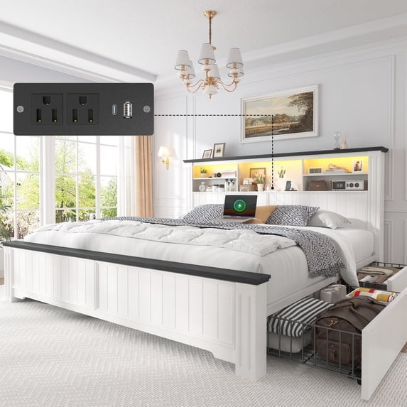 EnHomee King Size Bed Frame with 4 Storage Drawers Platform Bed Frame metal with Headboard and Storage Framhouse Bed Frame with LED Lights & Charge Station, White
