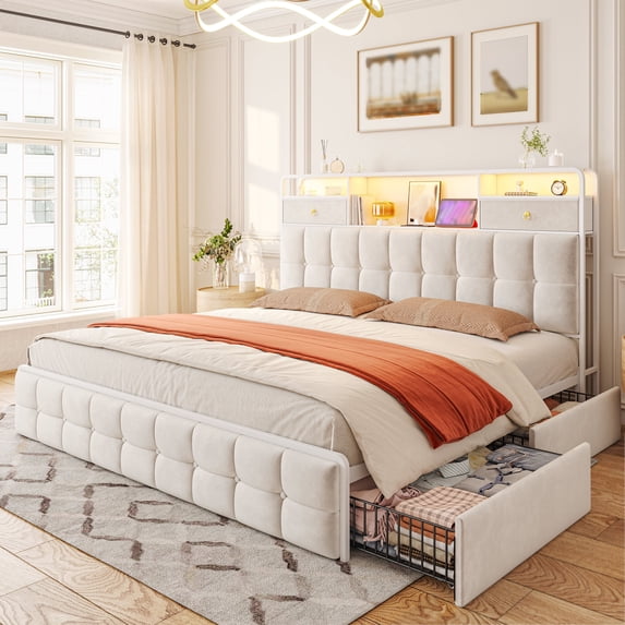 EnHomee King Size Bed Frame with 4 Storage Drawers & 2 Small Drawers Bed Frame with Headboard and LED Lights & Charge Station,Beige