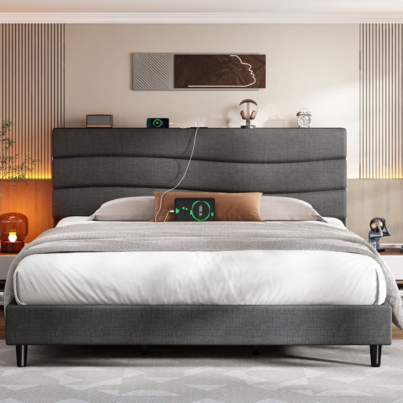 EnHomee King Size Bed Frame with Headboard Upholstered Bed Frame King with Storage King Size Bed Frame with Charge Station Gray, No Box Spring Needed, Noise Free