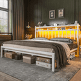 thumbnail image 1 of EnHomee King Size Bed Frame with LED Light & 2 Tier Storage Headboard, Metal Platform Bed with Under Bed Space, Victorian Style Mattress Foundation, No Box Spring Needed,White, 1 of 8