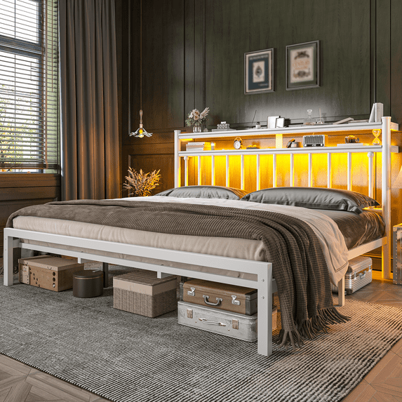 EnHomee King Size Bed Frame with LED Light & 2 Tier Storage Headboard, Metal Platform Bed with Under Bed Space, Victorian Style Mattress Foundation, No Box Spring Needed,White
